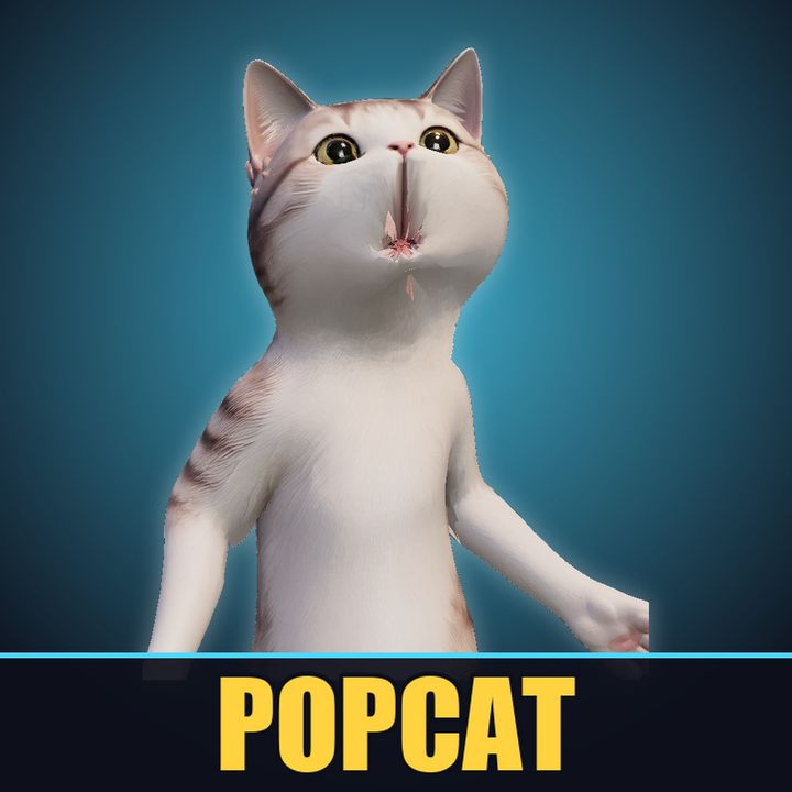 Popcat, a white tabby cat with a huge round open mouth, mid-POP