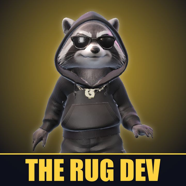 The Rug Dev, a raccoon in a black hoodie and sunglasses