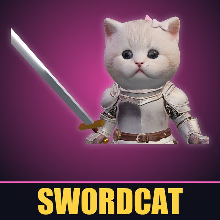 swordcat, a small cream kitten knight in silver armor with a pink bow, holding a long sword