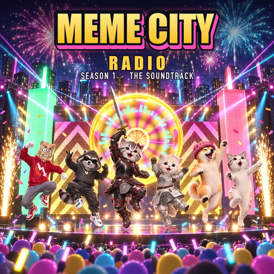 MEME CITY RADIO Season 1 album cover: six residents dancing on the MEMEFEST main stage under fireworks